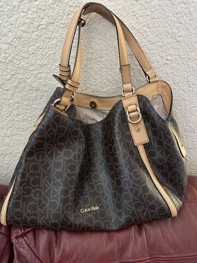 Calvin Klein Brown & Tan Monogram Shoulder Handbag